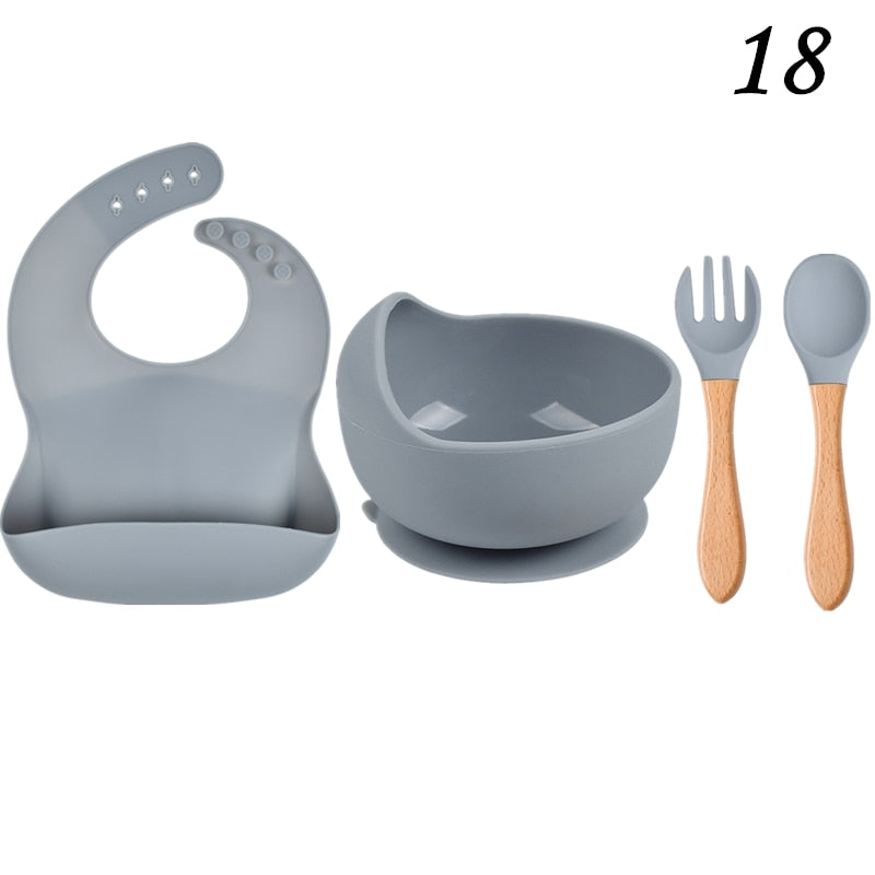 Personalized name Food Grade Baby Feeding Set with Spoon, fork,Silicone Suction Bowls and bib BPA Free - First Stage Self Feed