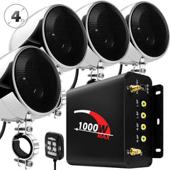 Aileap 1000W Motorcycle Audio 4 Channel Amplifier Speakers System, Support Bluetooth, AUX, FM Radio, SD Card, USB Stick (Chrome)