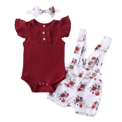 Baby Girl Summer Clothes Set Fashion Newborn Infant Knitting Cotton Ruffles Romper Shorts Bow Headband 3Pcs For Toddler Outfits