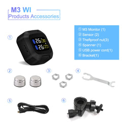 M3 Moto Waterproof Motorcycle Real Time Tire Pressure Monitoring System TPMS Wireless LCD Display Internal or External Sensors