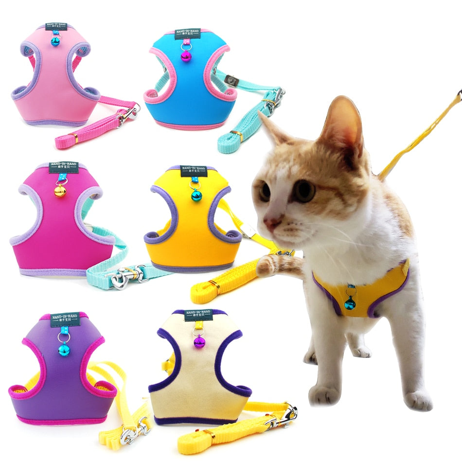 Pet Cat Harness Vest Leash Pet Adjustable Harness with Bell Walking Leash for Kitten Puppy Small Medium Dog Imitated Leather