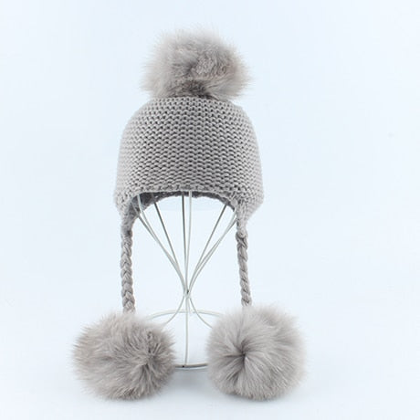 2019 New Autumn Winter Baby Beanie Real Fox Fur Pompom Hat Warm Wool Cap Kids Clothing Accessories Knitted Hat Skullies