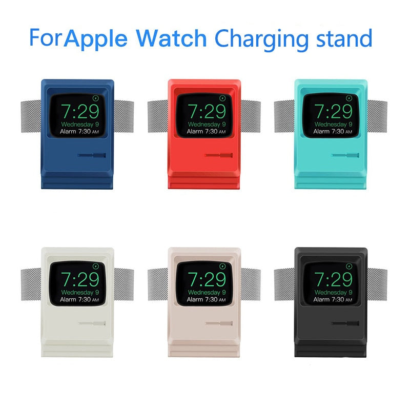 For Apple Watch 7 6 5 4 iWatch 3 2 1 Silicone Stand Charging Dock Holder Retro Computer Pattern Nightstand Keeper Bracket Base