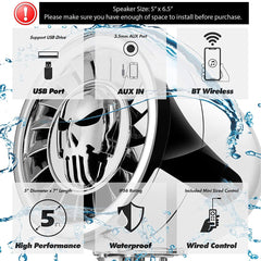 Aileap SPK500 PRO 5 Inch Waterproof ATV/UTV/RZR Motorcycle Bluetooth Speaker Heavy Duty Bass Boat Audio System with AUX MP3 USB