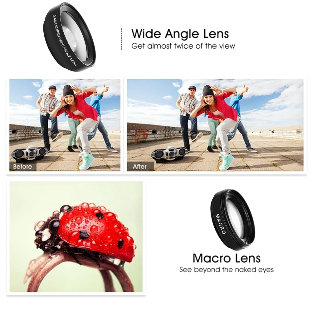 2 In 1 Mobile Phone Lens 0.45x Super Wide Angle 12.5x Macro HD Camera Lens For iPhone 12 11 8 7 6 XS Huawei Xiaomi Samsung