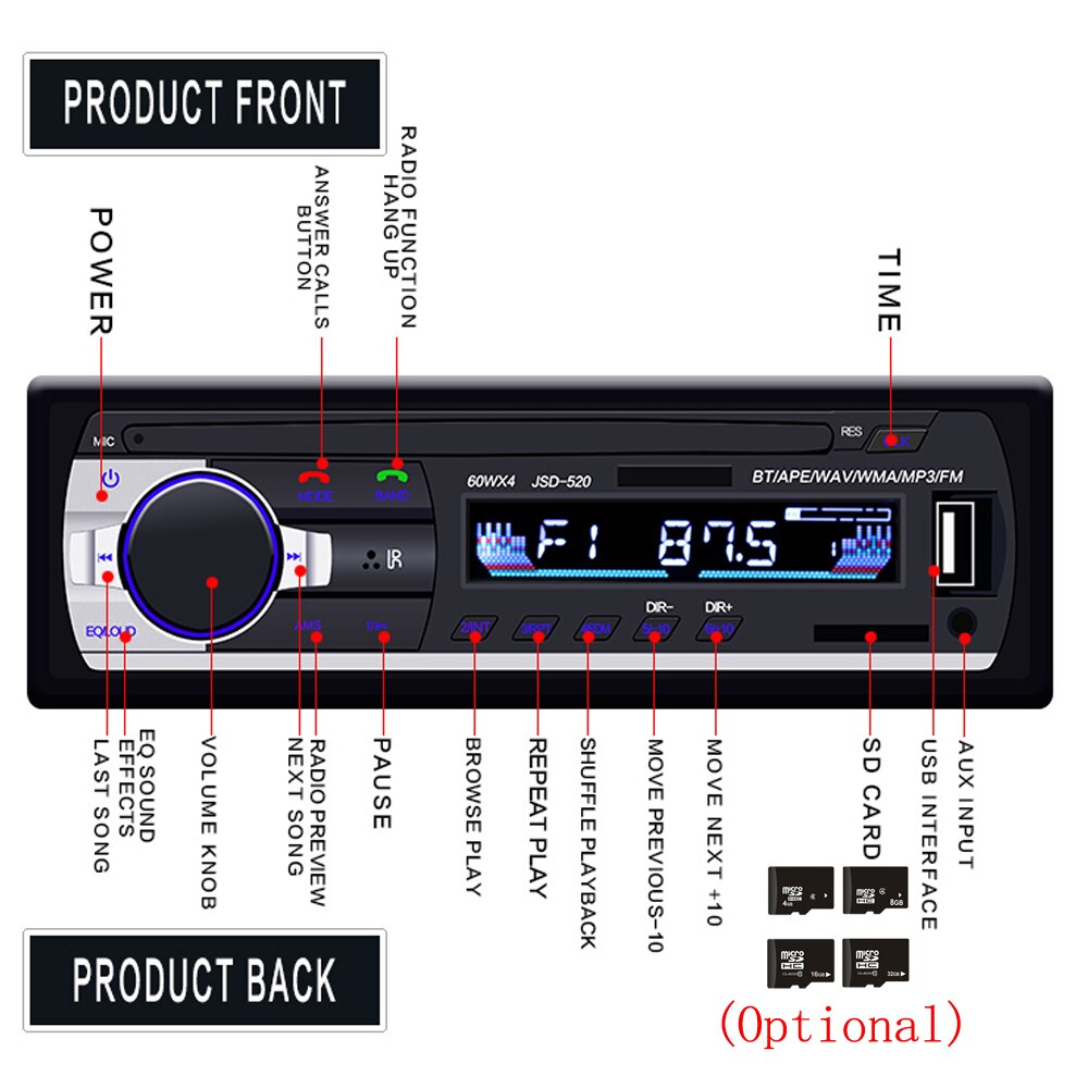Podofo JSD-520 1 Din Car Radio Tape Recorder 5301 Bluetooth MP3 Player FM Audio Stereo Receiver Music USB/SD In Dash AUX Input