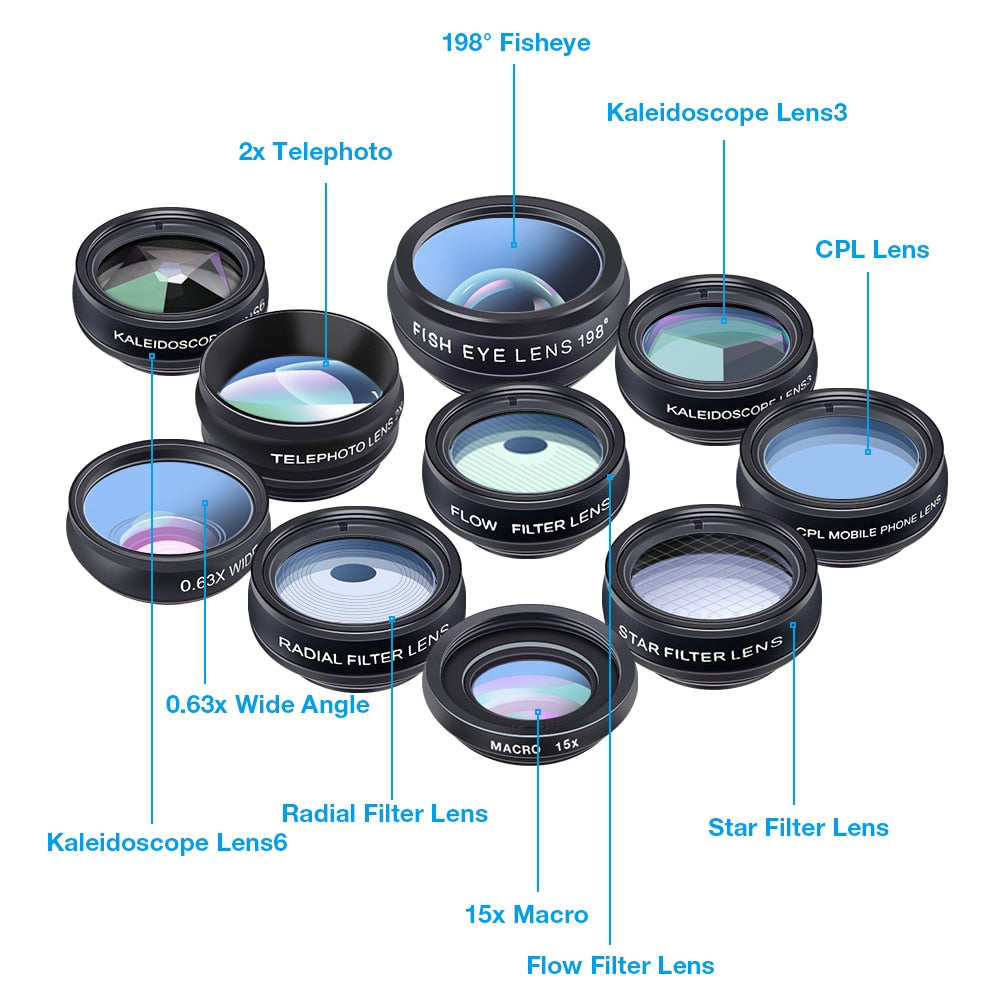 APEXEL 10 in 1 Phone camera Lens Kit Fisheye Wide Angle macro Lens CPL Filter Kaleidoscope and 2X telescope Lens for smartphones