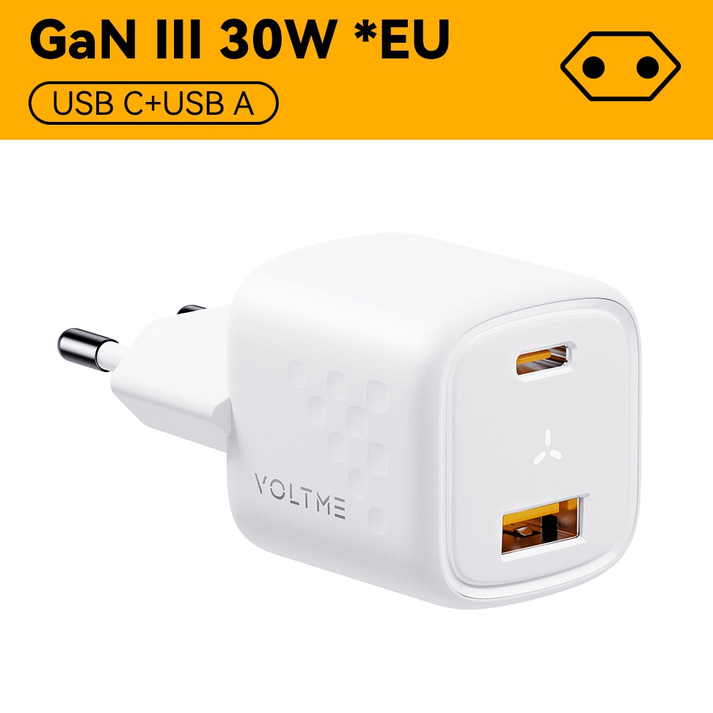 VOLTME 30W GaN Charger USB A + USB C Charger Fast Charging PD 3.0 QC 4.0+ Support PPS AFC FCP SCP MTK For iPhone 13 12 Pro Max
