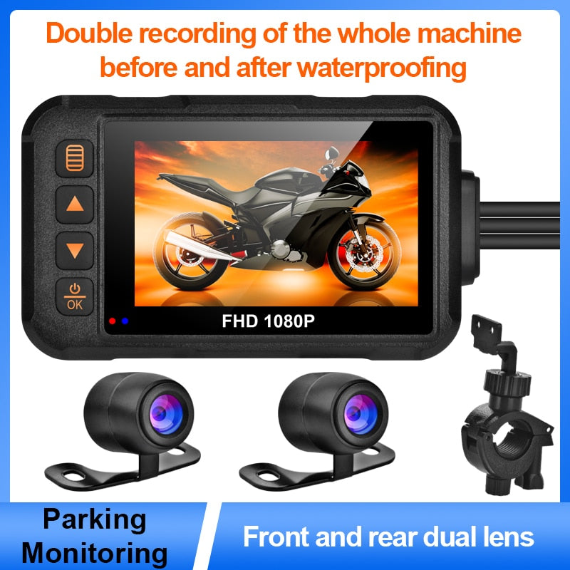 Motorcycle DVR Dash Cam 1080P+720P Full HD Front Rear View Waterproof Motorcycle Camera 3-inch IPS screen  Logger Recorder Box