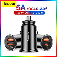 Baseus USB Car Charger Quick Charge 4.0 QC4.0 QC3.0 QC SCP 5A PD Type C 30W Fast Car USB Charger For iPhone Xiaomi Mobile Phone