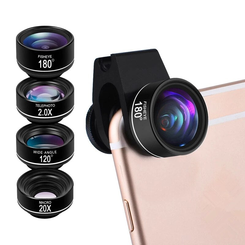 High-End 4 in 1 Phone Camera Lens Kit Fish Eye Wide Angle Macro Telephoto Lenses with Universal Clip Lentes for 95% Smartphones