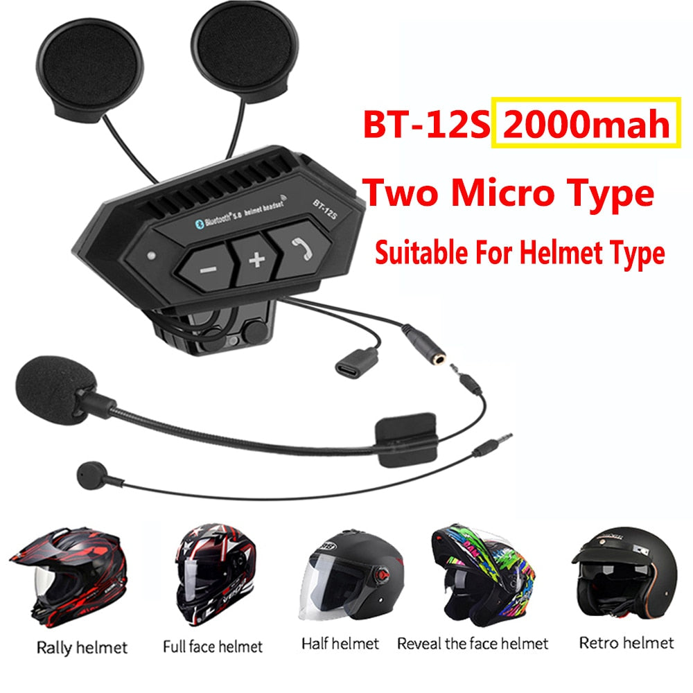 Motorcycle Helmet Headset Bluetooth 5.0+CSR Earphones 2000mah Battery Anti-interference Handsfree For Full/Half Face Helmet
