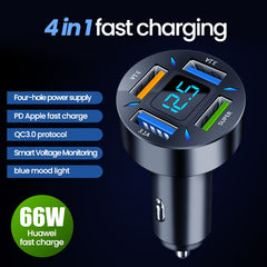 66W 4 Ports USB Car Charger Fast Charging PD Quick Charge 3.0 USB C Car Phone Charger Adapter For iPhone 13 12 Xiaomi Samsung