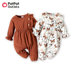 PatPat Baby Girl Long-sleeve Jumpsuit Baby Romper Spring and Summer Baby Girls Newborn Clothings Brown/White Butterfly Ruffle