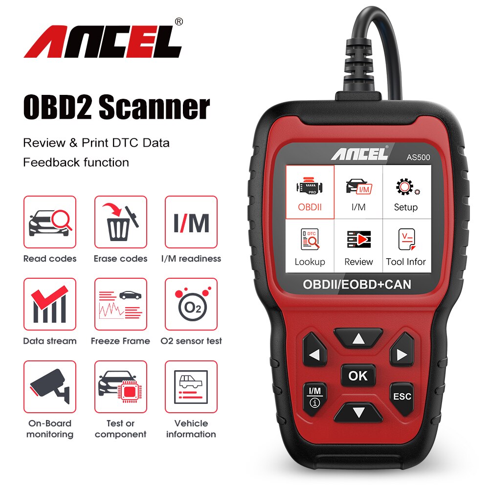 Ancel AS500 OBD2 Scanner Read Clear Codes Car Engine OBD 2 Diagnostic Tools Lifetime Free Update ODBII Automotive Scanner