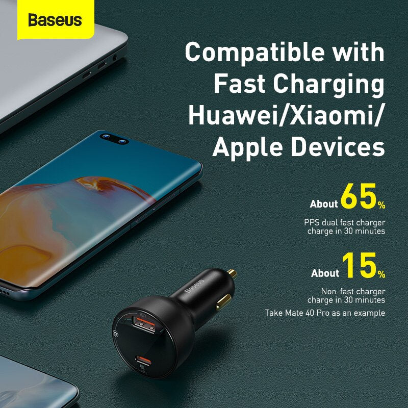 Baseus Digital Display 100W PD Fast Charging Car Charger PPS Dual Port USB Type C Quick Charge 4.0 3.0 Phone Charger For iPhone