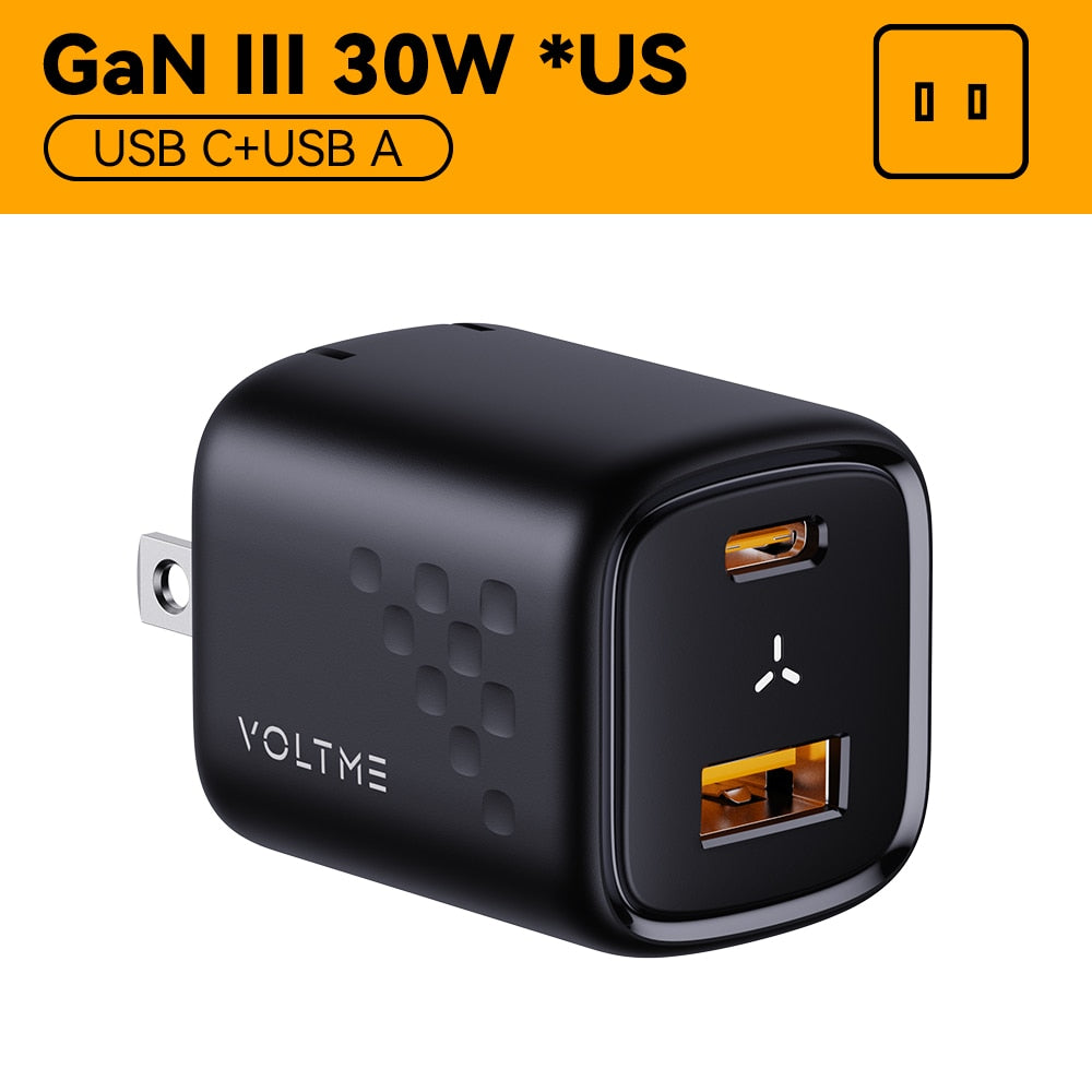 VOLTME 30W GaN Charger USB A + USB C Charger Fast Charging PD 3.0 QC 4.0+ Support PPS AFC FCP SCP MTK For iPhone 13 12 Pro Max