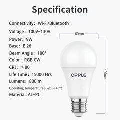 OPPLE E26 RGB Bulb Home 9W LED Lamp Bluetooth Voice Control Dimmable Alexa Speaker Google Siri Light
