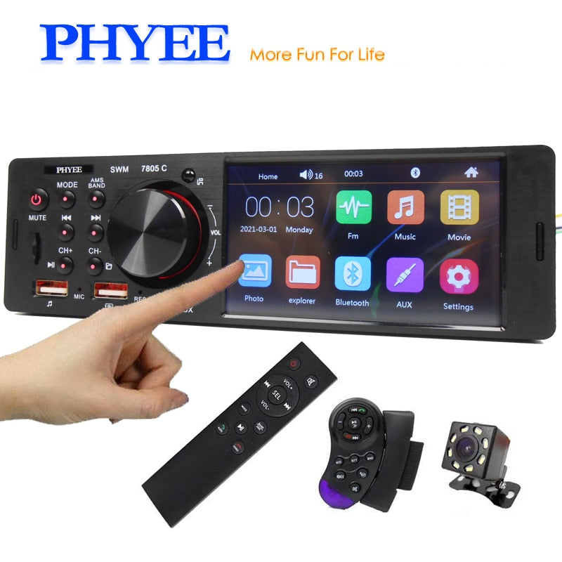 Touch Screen Car Radio 1 Din Bluetooth Music Handsfree MP5 Player TF USB Charging Remote Audio System ISO 4.1” Head Unit 7805C